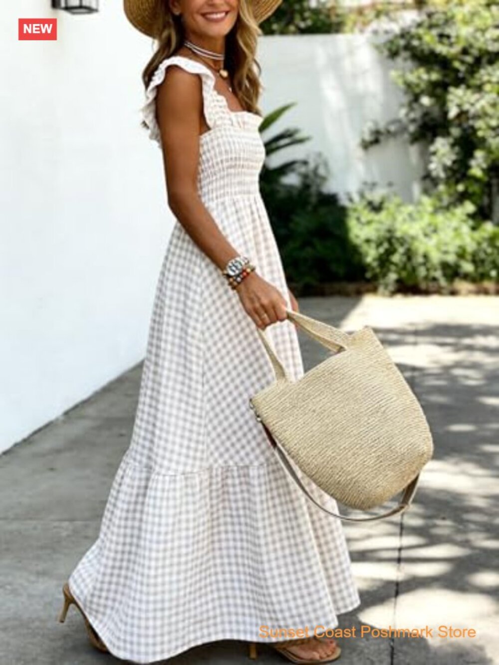 Smocked Maxi Dress Square Neck Ruffle Cap Sleeves Tiered Flowy Gingham Boho - Picture 5 of 6